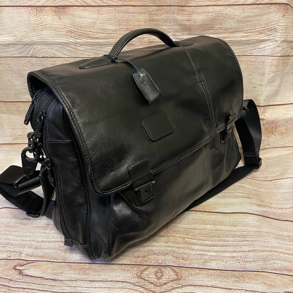 TUMI Alpha Leather Flap Slip Locking Expandable Briefcase